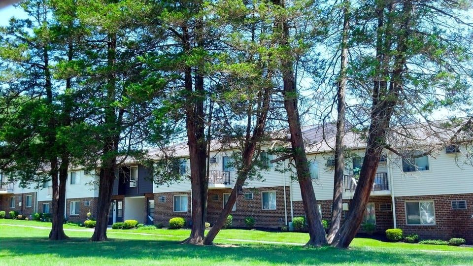 Apartment building exterior with landscaping